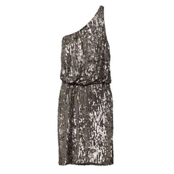 New Halston Heritage Sheath 1 Shoulder Sequin Gunmetal Cocktail Mini Dress Small - Picture 3 of 13